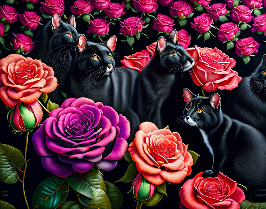 Artwork: Three Black Cats Among Red and Pink Roses