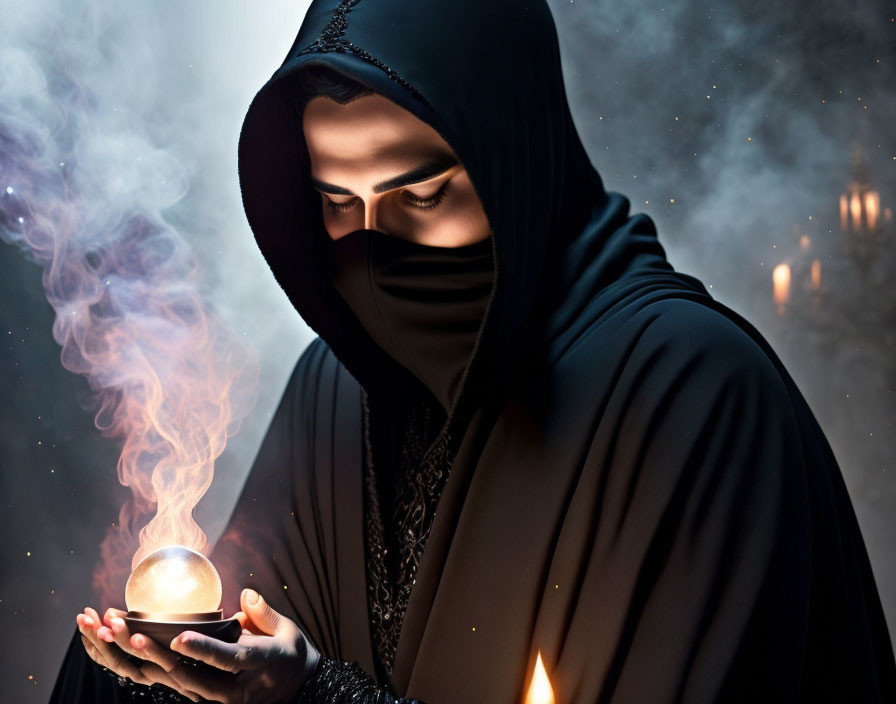 Hooded figure with glowing orb in mystical setting