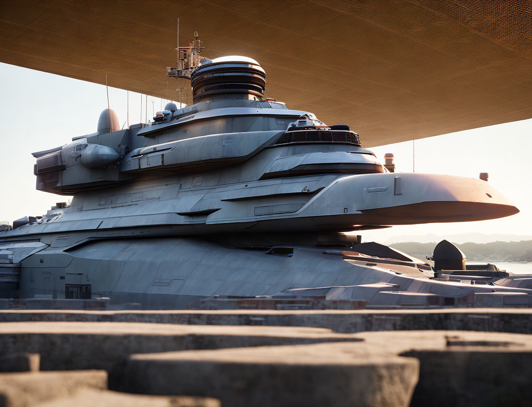 Futuristic battleship with sleek design and turrets at coastline sunrise or sunset