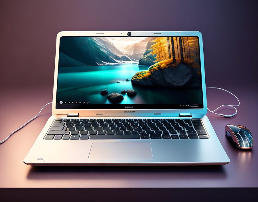 Laptop with scenic wallpaper and mouse on purple background