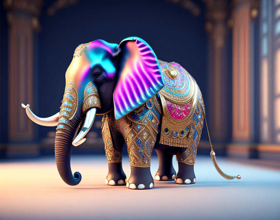 Colorful Elephant with Psychedelic Ears in Grand Hall