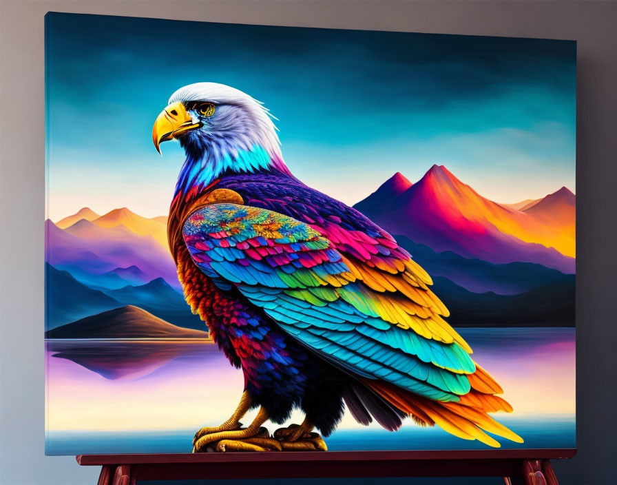 Multicolored eagle digital painting with purple mountains and reflective lake