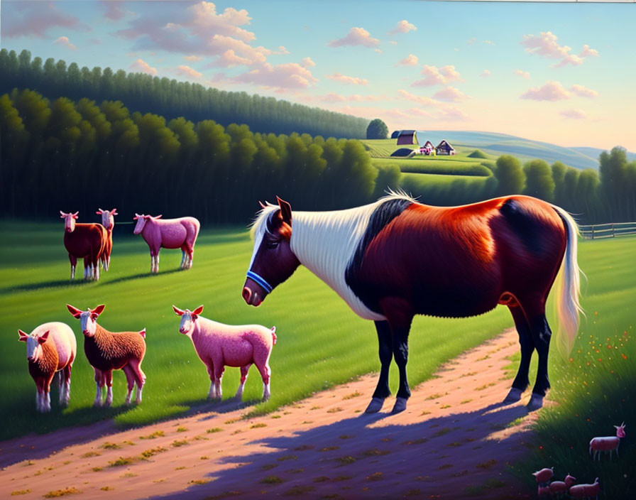 Piebald Horse and Pink Sheep in Green Meadow with Farm and Trees