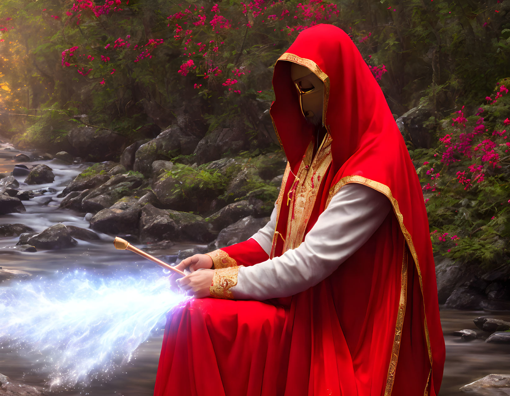 Person in red cloak reading glowing book by stream with pink flowers and misty woods.