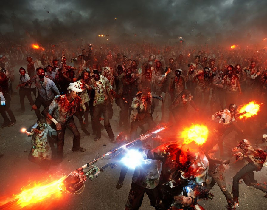 Zombie-themed scene with people in flames and smoke