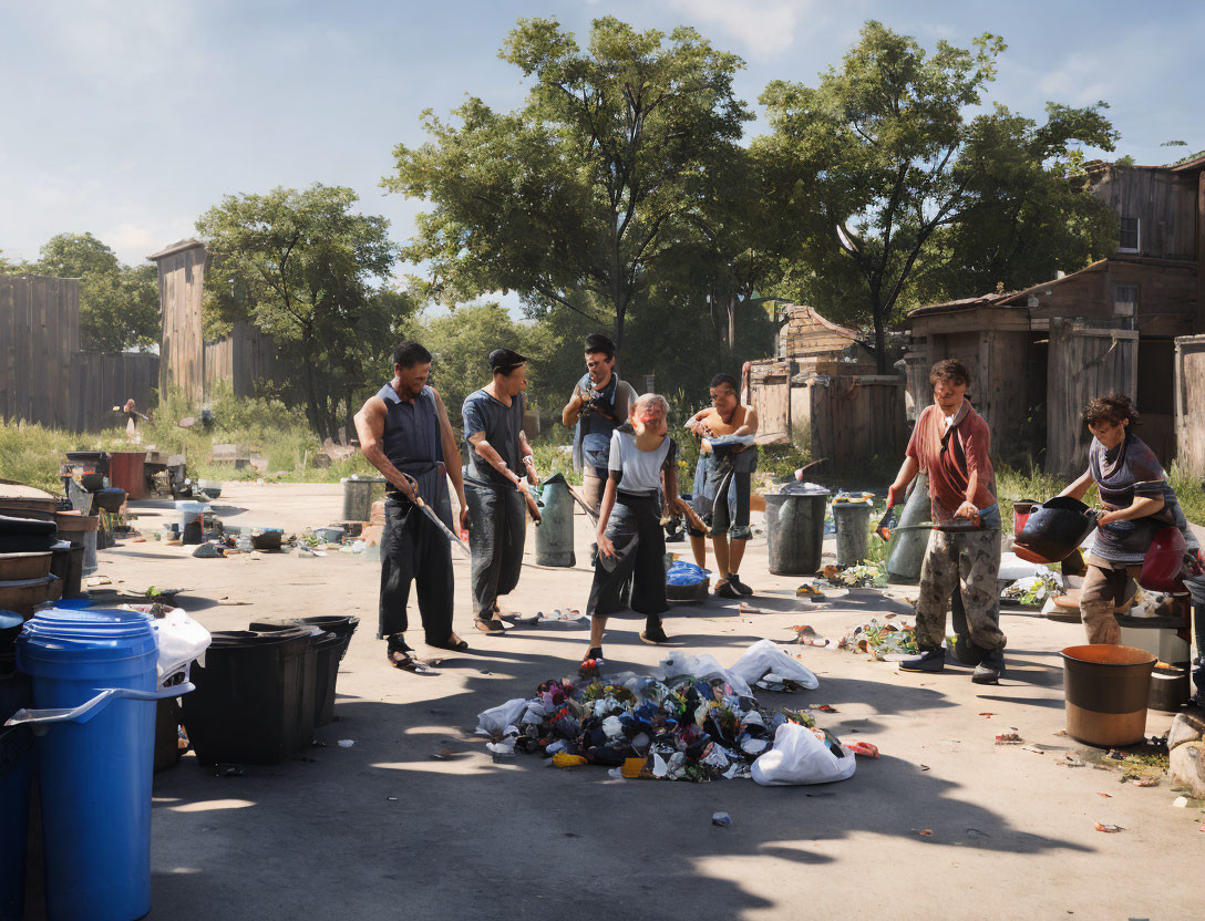 People standing in trash-filled outdoor area with wooden structures.