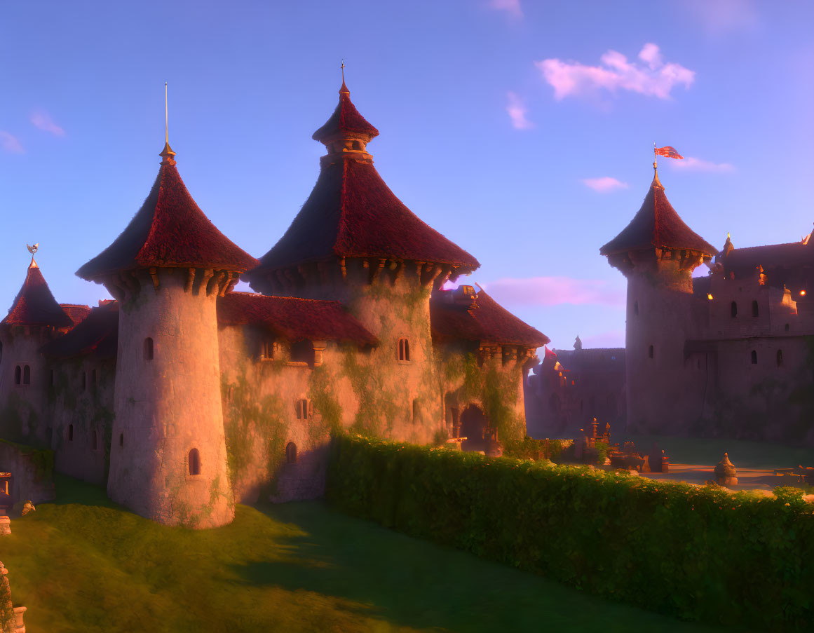 Majestic castle with red-roofed towers in serene sunlit scene