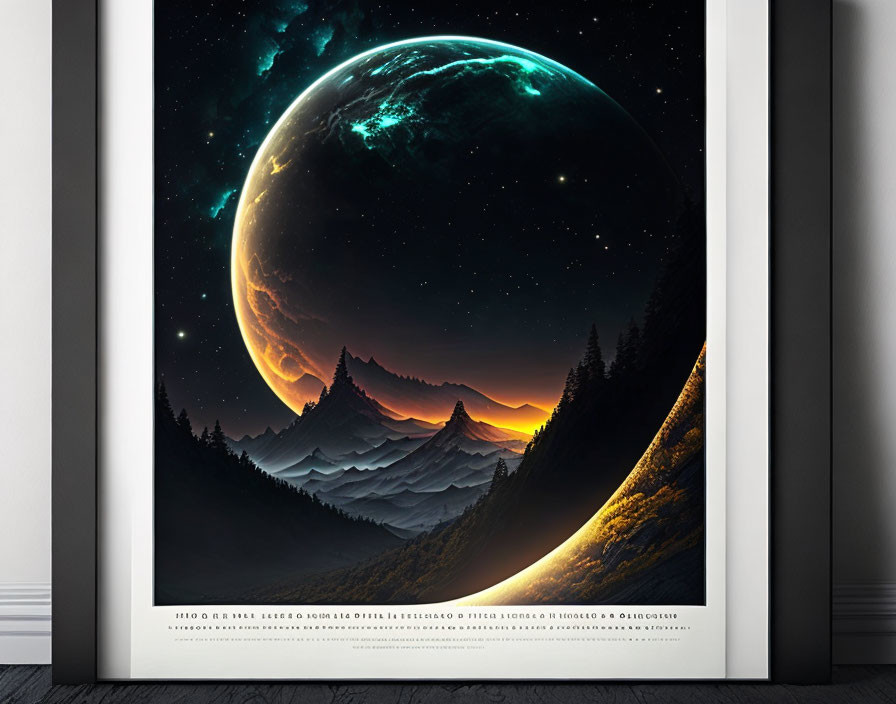 Fantastical landscape artwork: mountains, starry sky, vivid planet