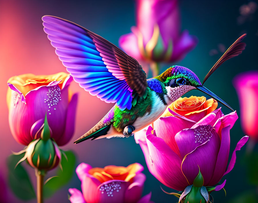 Colorful Hummingbird Feeding on Pink and Orange Flowers