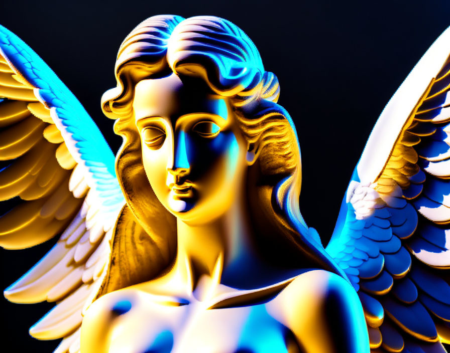 Digital Art: Angelic Figure with Blue Wings on Black Background