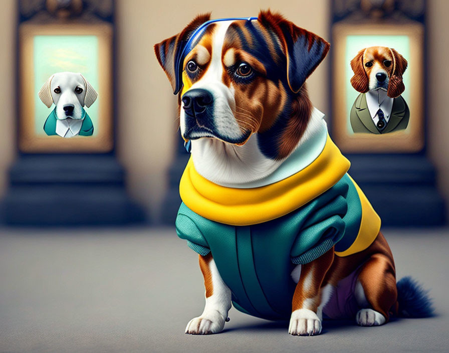 Stylized dog in sweater among portraits of dogs in attire