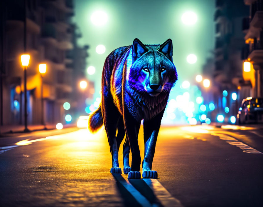 Colorful Wolf Walking in Neon-Lit City Street at Night