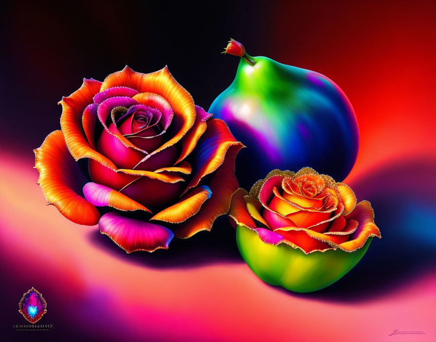 Vibrant, Multicolored Roses and Pear on Surreal Background