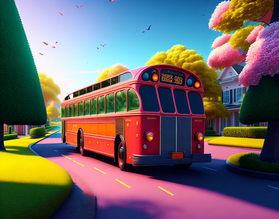 Colorful illustration of red school bus on vibrant street with pink-yellow trees, birds, and quaint houses