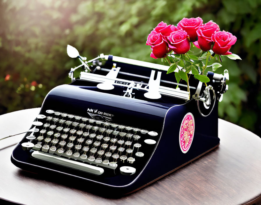 Vintage blue typewriter with red roses on blurred green backdrop