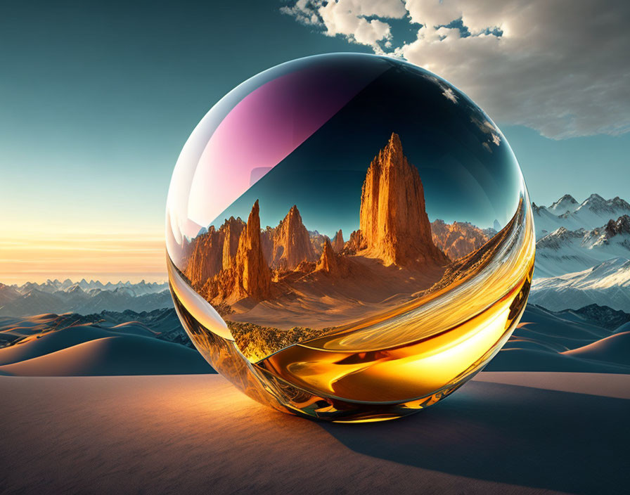 Reflective sphere with distorted mountain landscape in desert twilight.