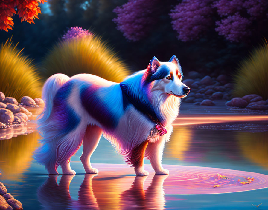 Colorful Stylized Dog with Fluffy Coat in Vibrant Landscape