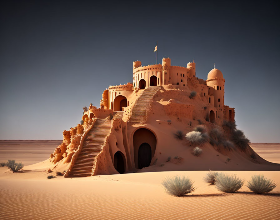 Majestic sandcastle-like structure in vast desert landscape