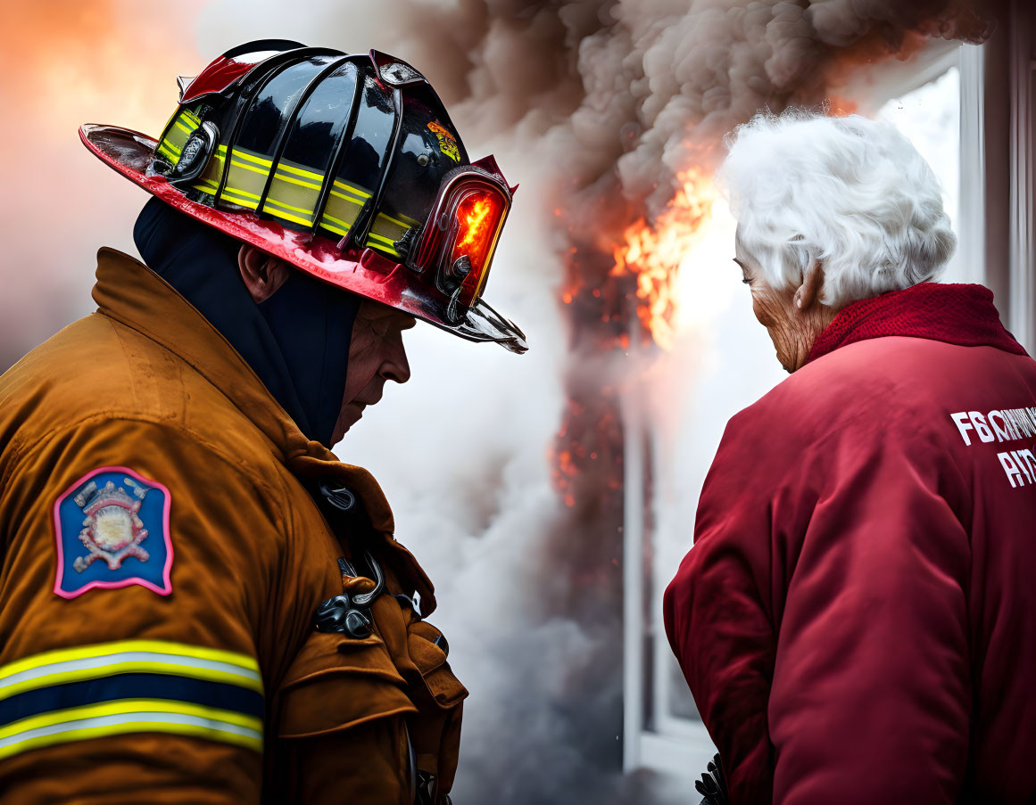 Firefighter in full gear with elderly woman amid billowing smoke