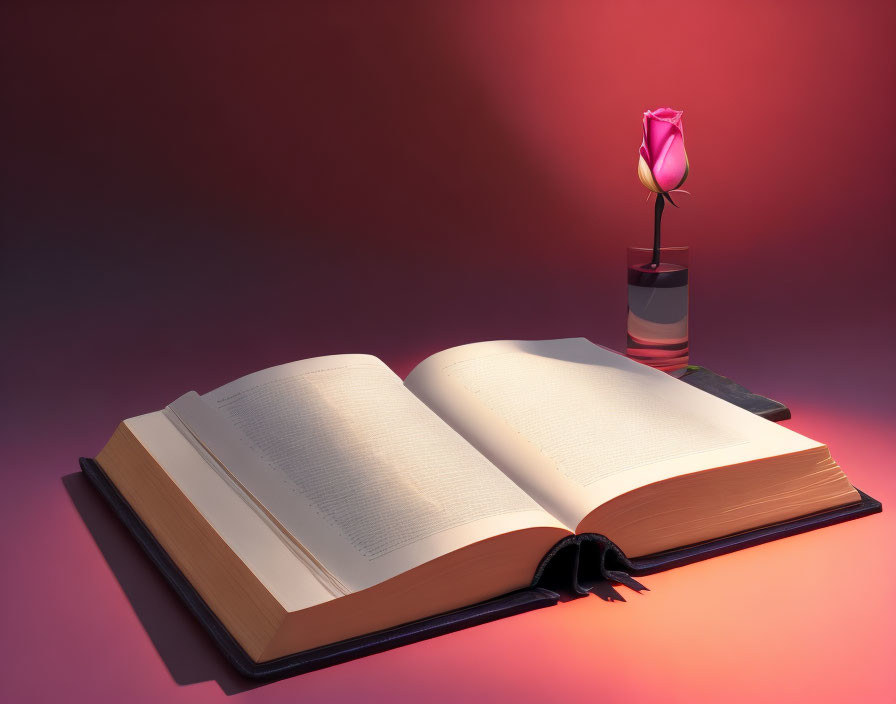 Open book and glowing rose next to glass vase on purple background