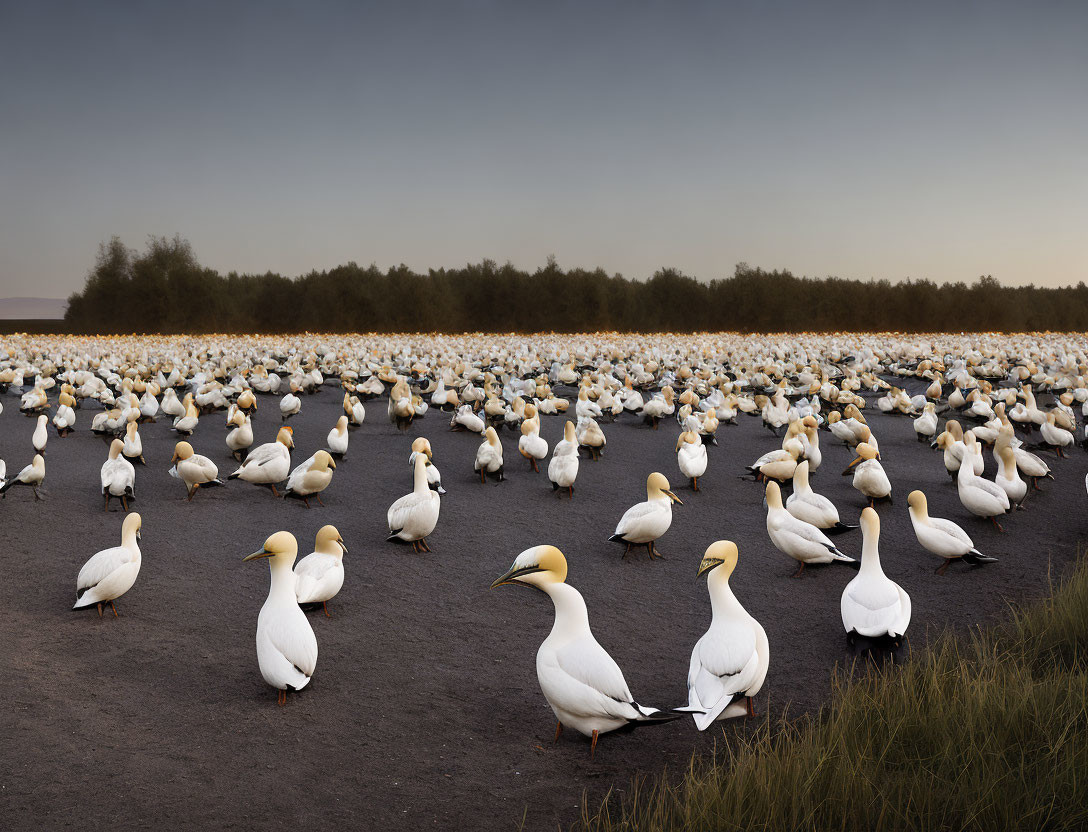 White Pelicans Gathering on Flat Landscape at Dusk or Dawn