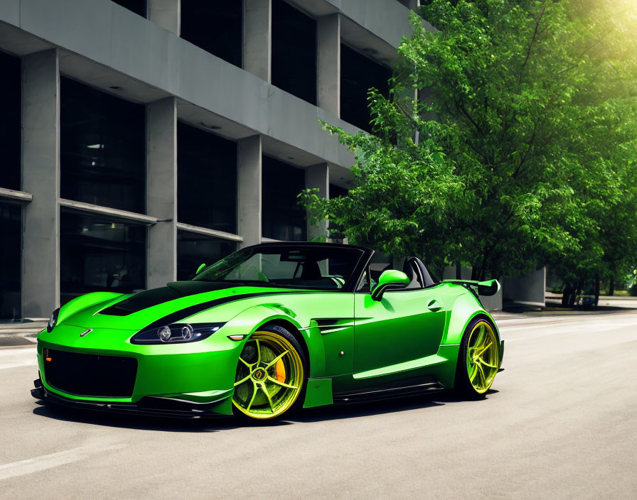 Vibrant green sports car with yellow rims in city street setting