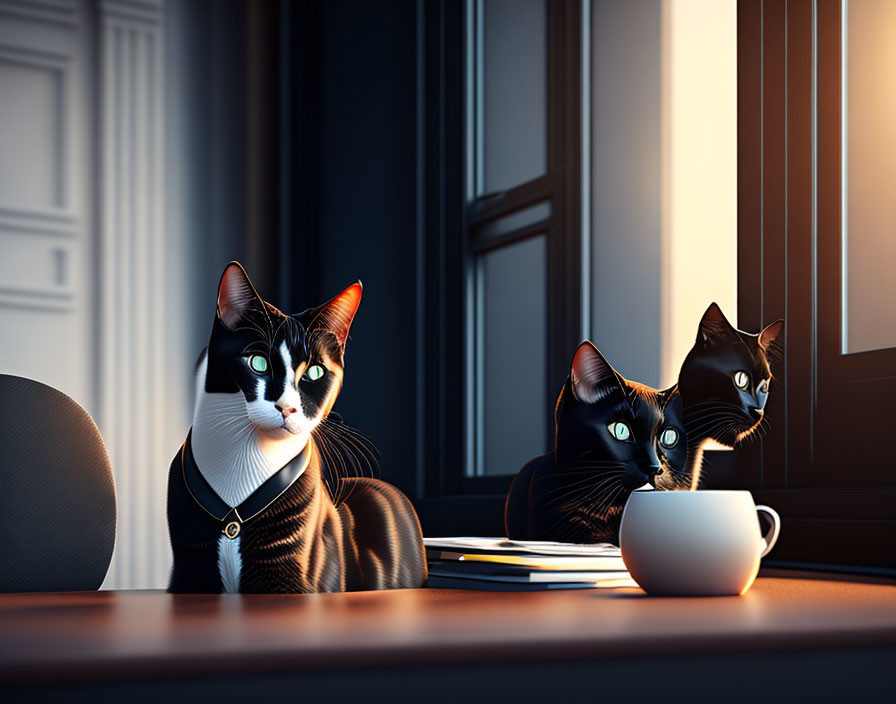 Black and white cats with notebook and coffee cup in sunlit room