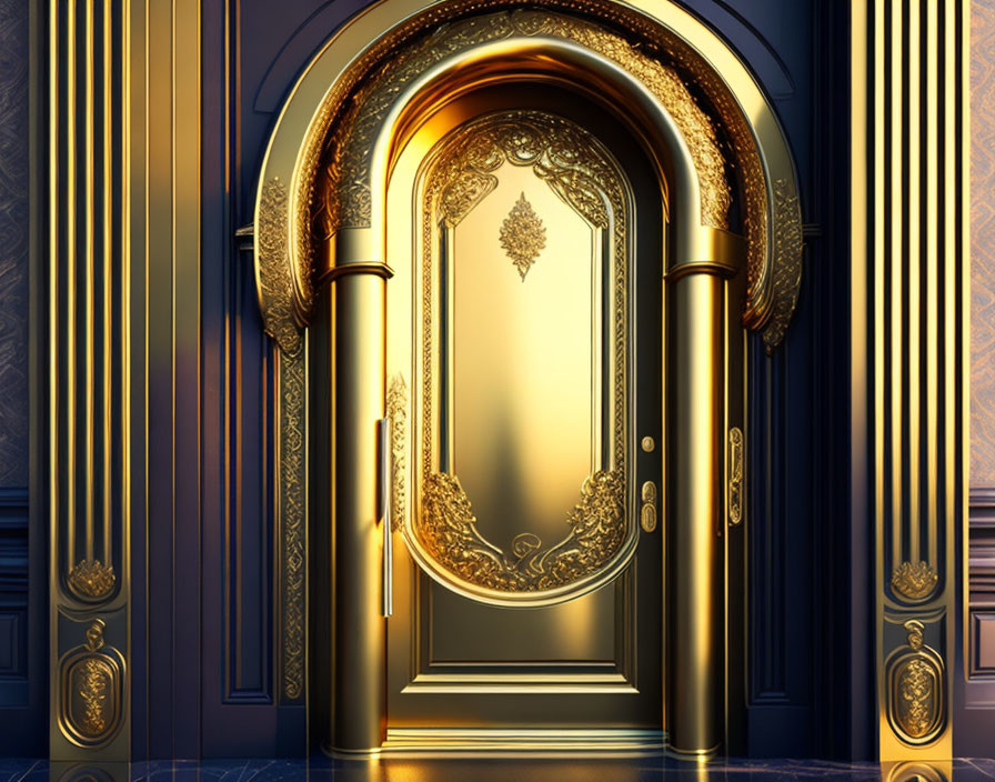 Elaborate Golden Door with Blue and Gold Paneled Walls