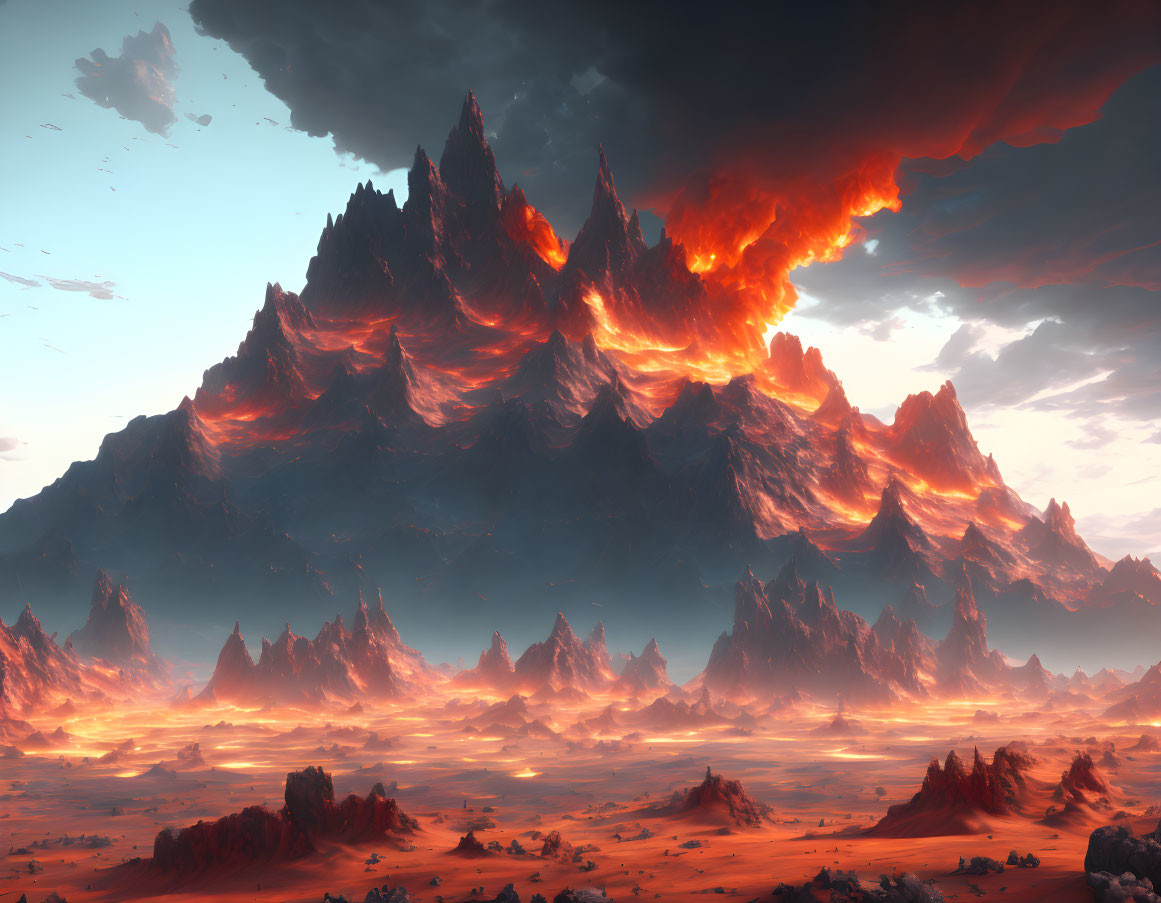 Dramatic fiery landscape with rugged mountains under blazing orange sky