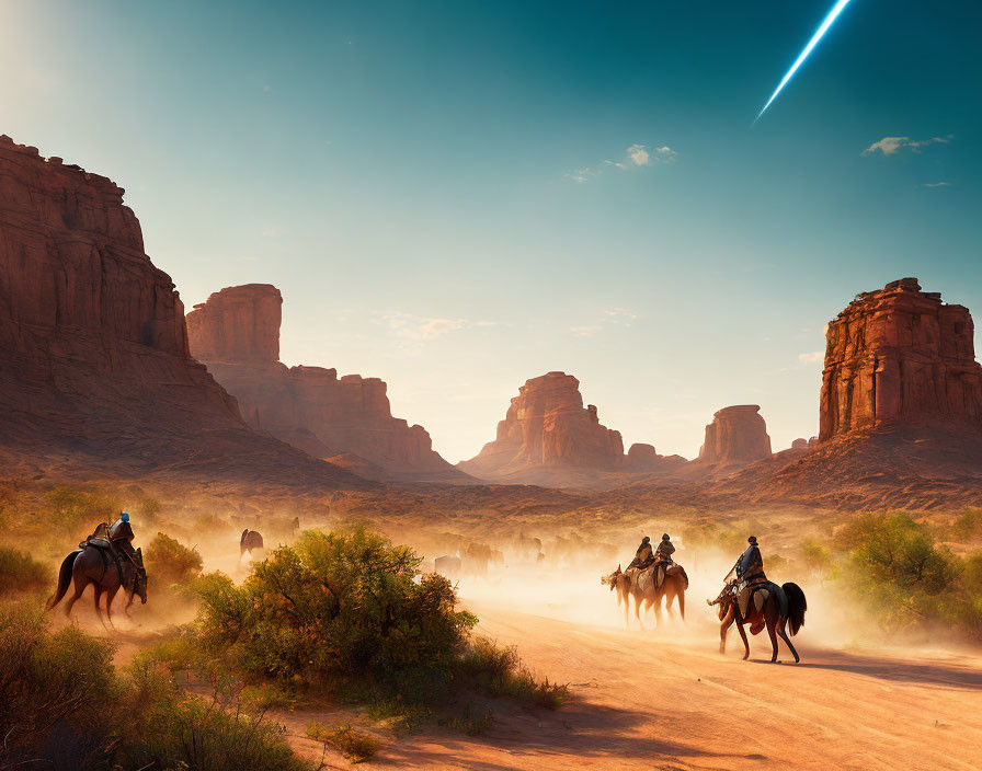 Horseback riders in desert with towering rocks and comet in sky
