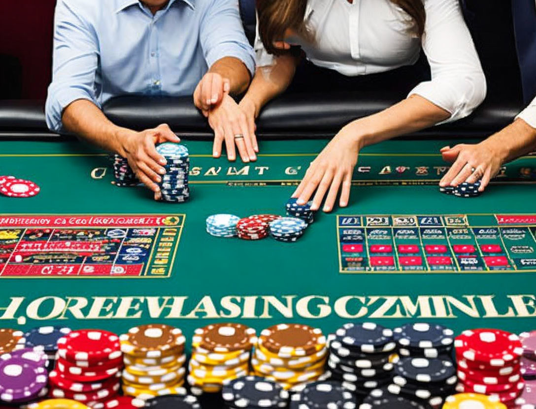 Two individuals reaching for chips on casino table with cards.