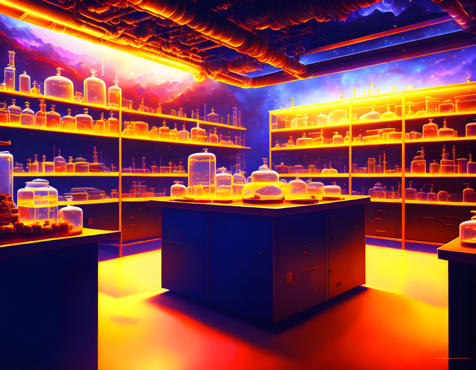 Futuristic neon-lit laboratory with glowing hues and containers