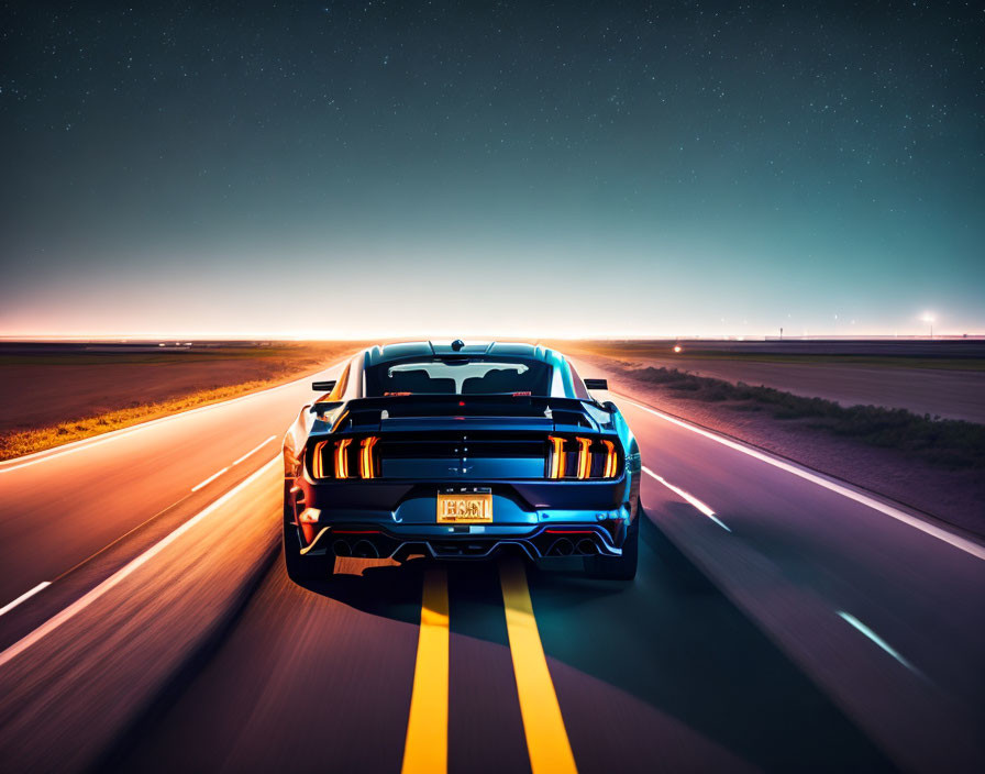 Sports car racing on highway at dusk under star-filled sky