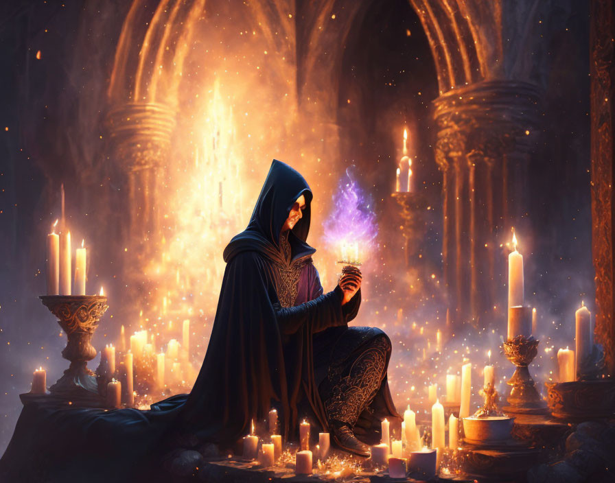 Cloaked figure with glowing orb in candlelit cathedral