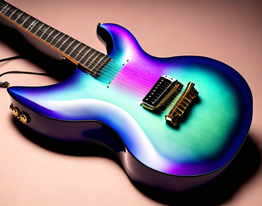 Gradient Blue-Purple Electric Guitar with Gold Hardware on Pink Background