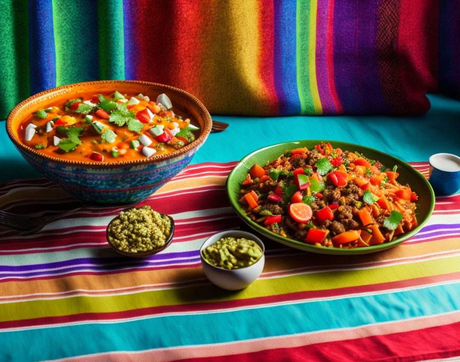 Vibrant Mexican Meal with Salsa, Meat-Vegetable Dish, and Guacamole