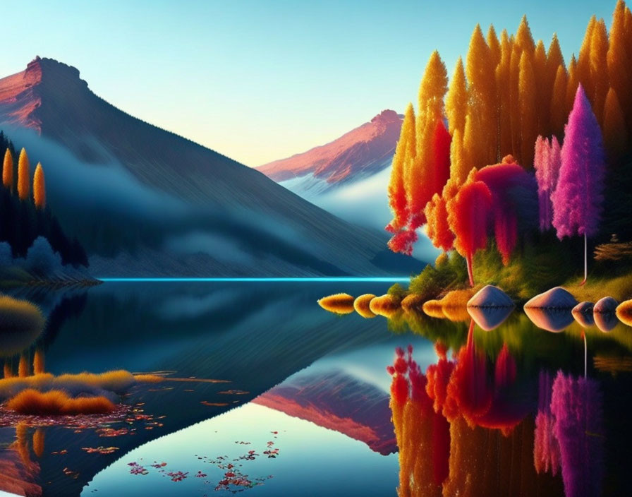 Tranquil landscape with colorful trees, lake, mountains, and mist at sunrise/sunset