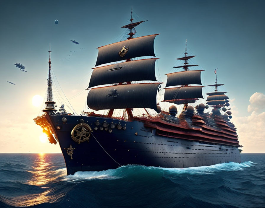 Majestic sailing ship with dark sails on open sea at sunset