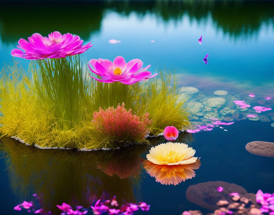 Colorful pink and orange water lilies in serene pond with lush greenery