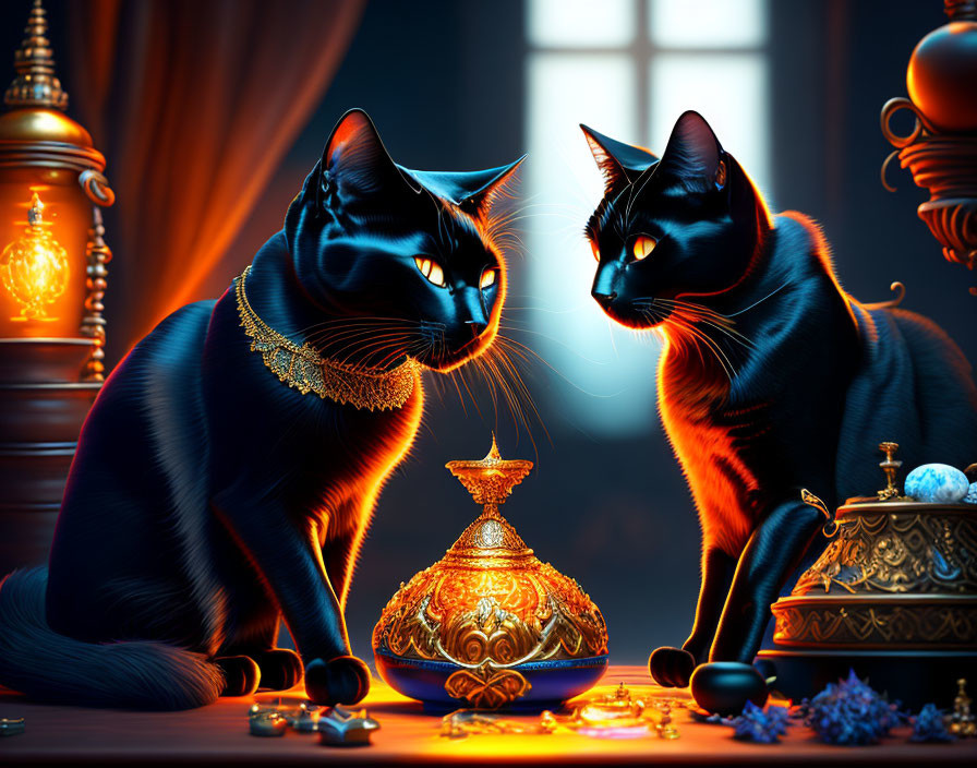 Majestic black cats with gold jewelry in luxurious room