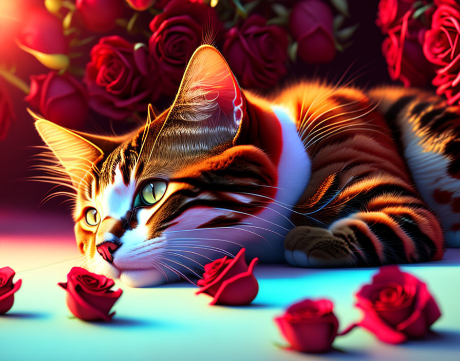 Vibrant illustration: Cat with roses in colorful setting