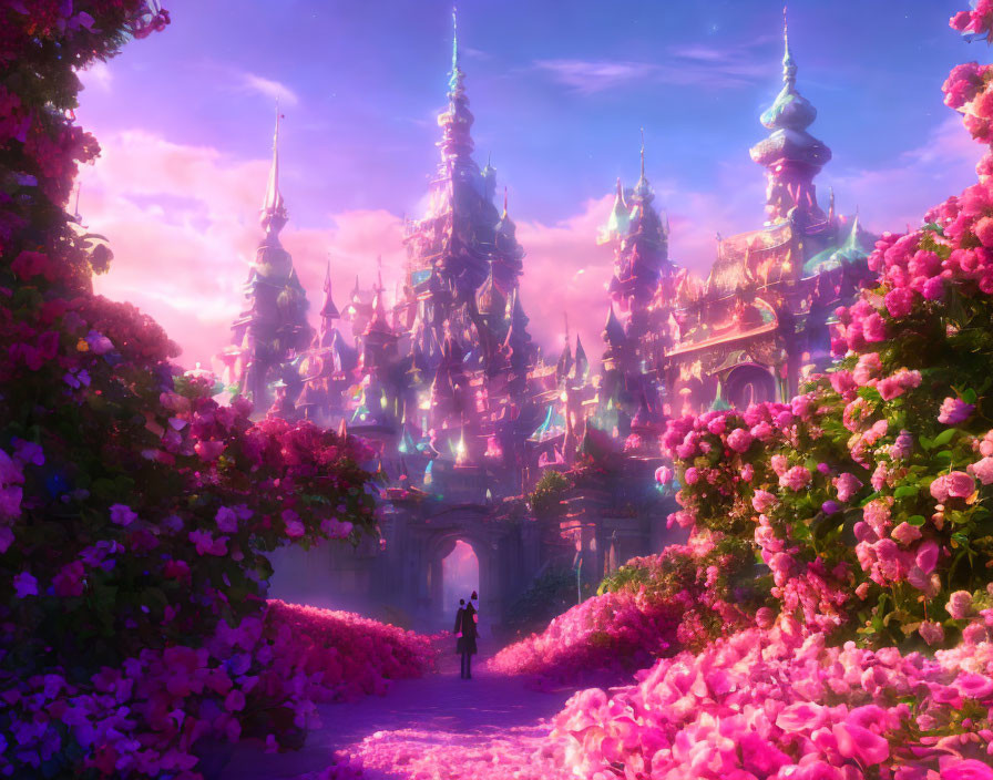 Figure walking to glowing pink castle in vibrant fantasy scene