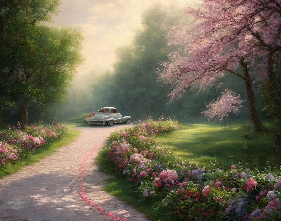 Vintage Car Parked on Cobblestone Path Amid Lush Greenery and Pink Flowers