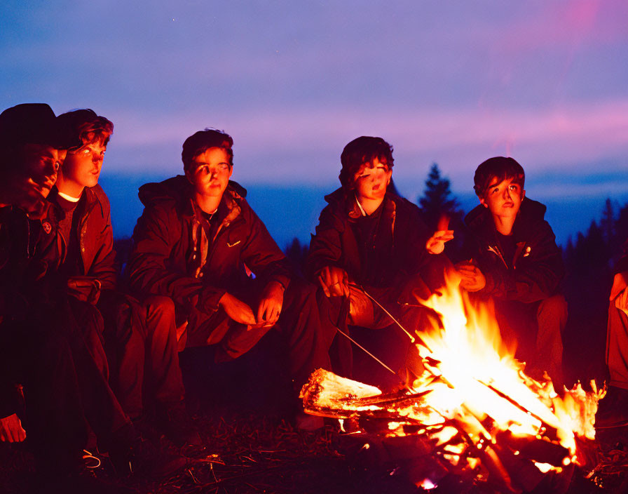 Youths by Campfire at Dusk: Deep Blue Sky Conversation