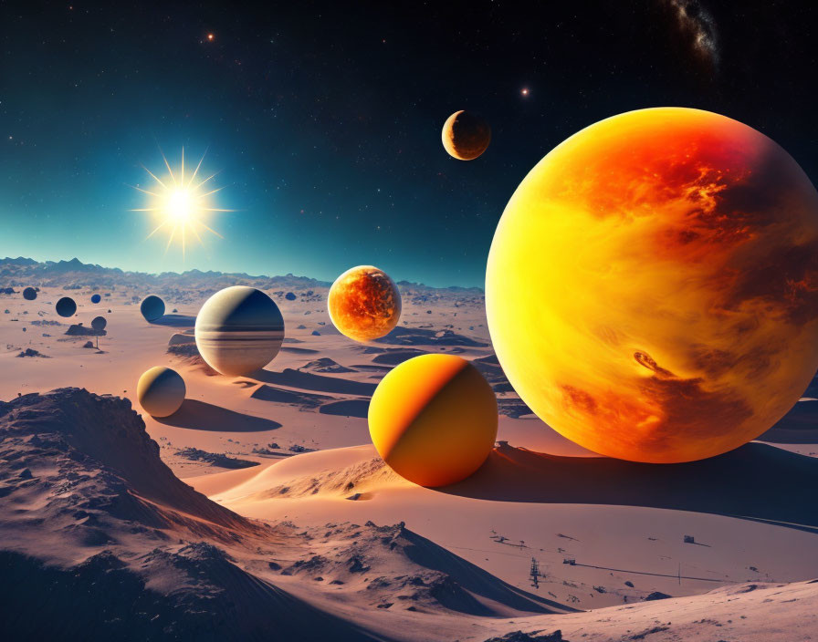 Colorful sci-fi landscape with multiple planets above desert.