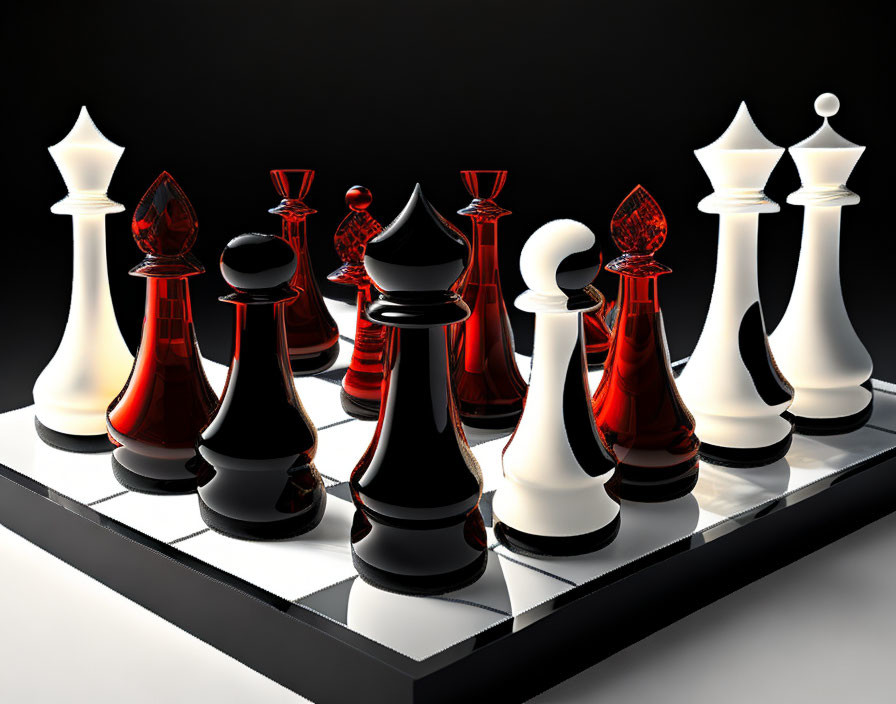 Chessboard 3D Rendering with Black & White Tiles and Red & White Pieces