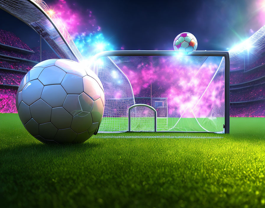 Soccer ball in foreground with burst of light, stadium goalpost, and vibrant pink lights