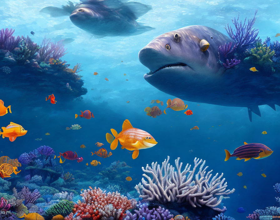 Colorful Underwater Scene with Whimsical Submarine-like Fish