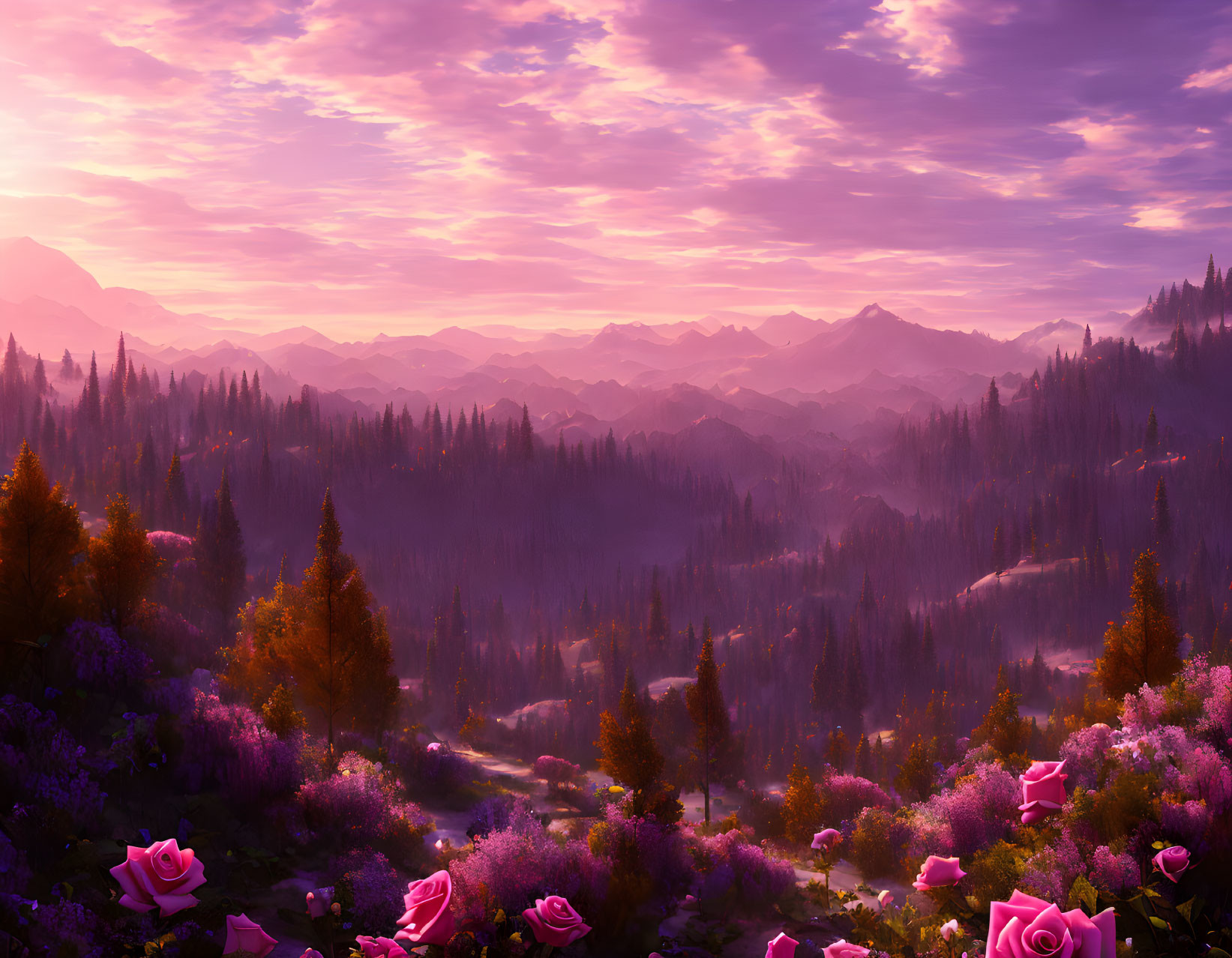 Purple Mountains, Autumn Forest, Pink Flowers: Serene Sunrise Landscape