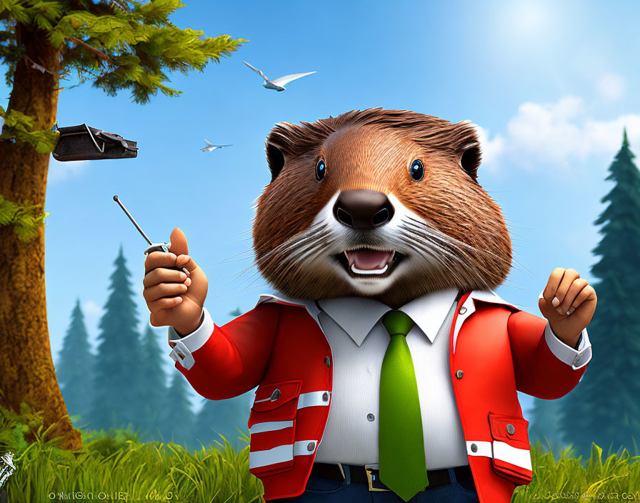 Animated beaver in red suit conducting orchestra with nature background